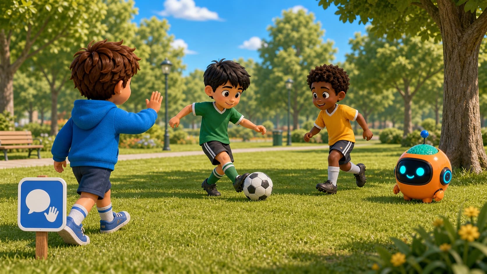 Sparky helping children practice asking to join a soccer game