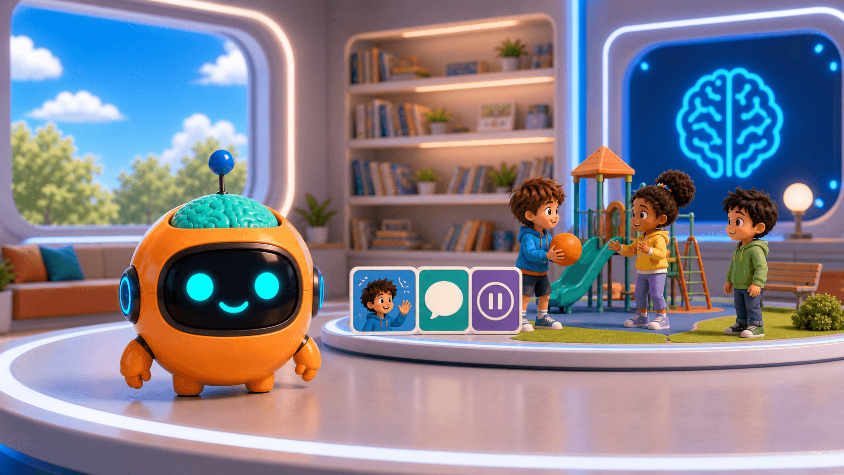 Sparky stands in a bright learning studio beside children practicing how to ask to join a playground game.