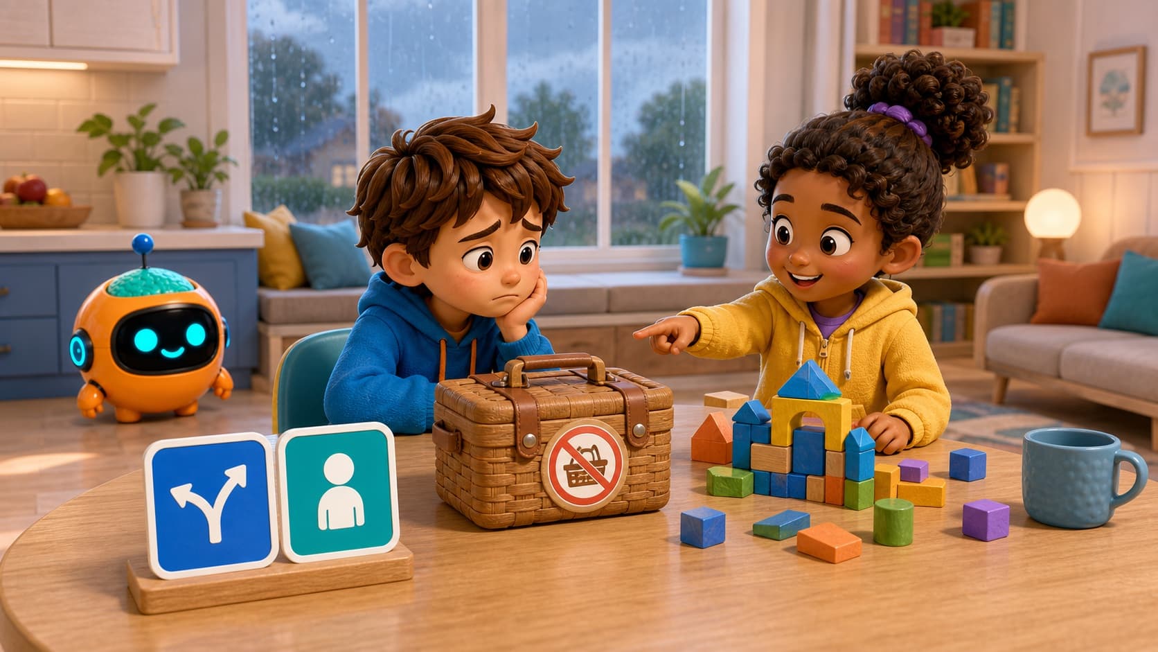 Sparky helping children practice a calm plan change at home