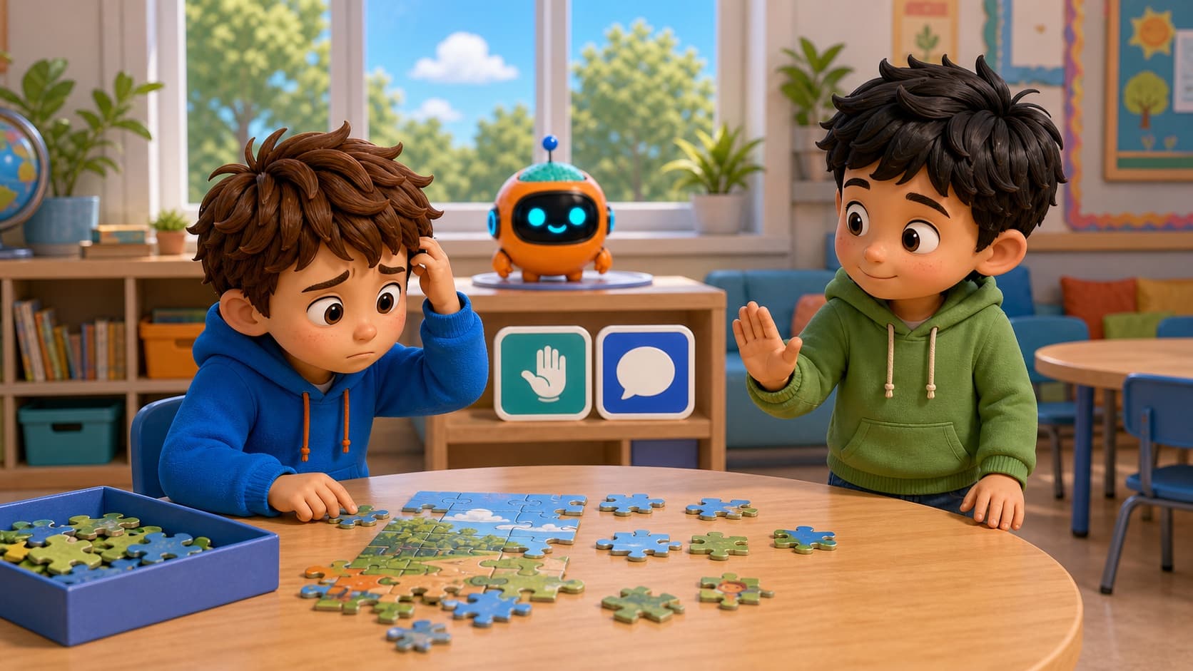 Sparky and children looking at a puzzle together in a calm learning room