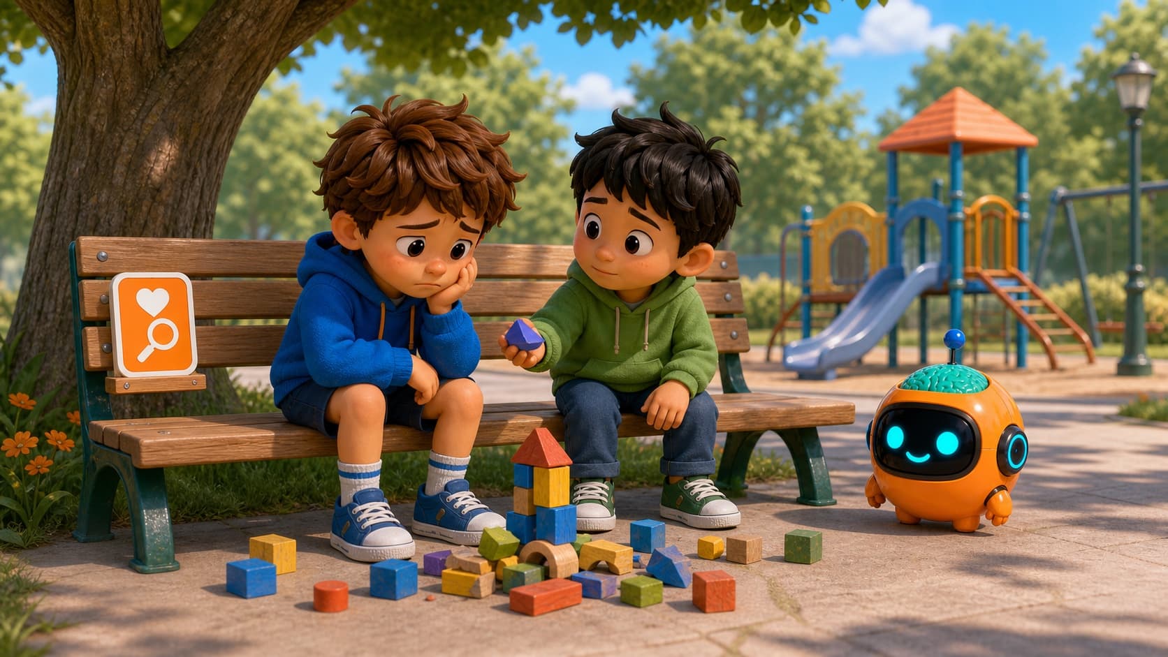 Sparky helping children notice emotion clues on a bench