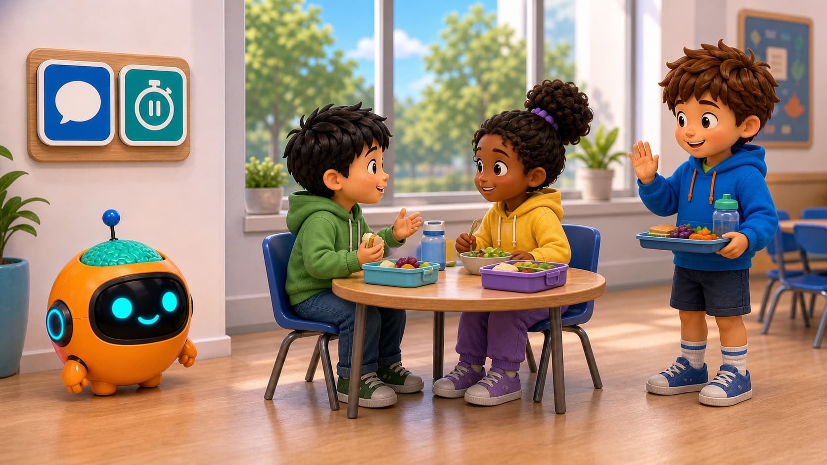 A child waits for a pause and waves gently to join a lunch conversation while Sparky stands nearby.