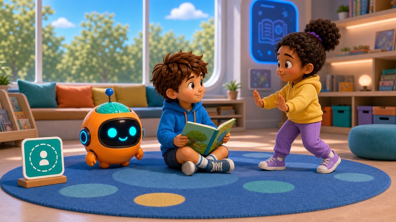 Sparky helping children practice personal space on a classroom reading rug