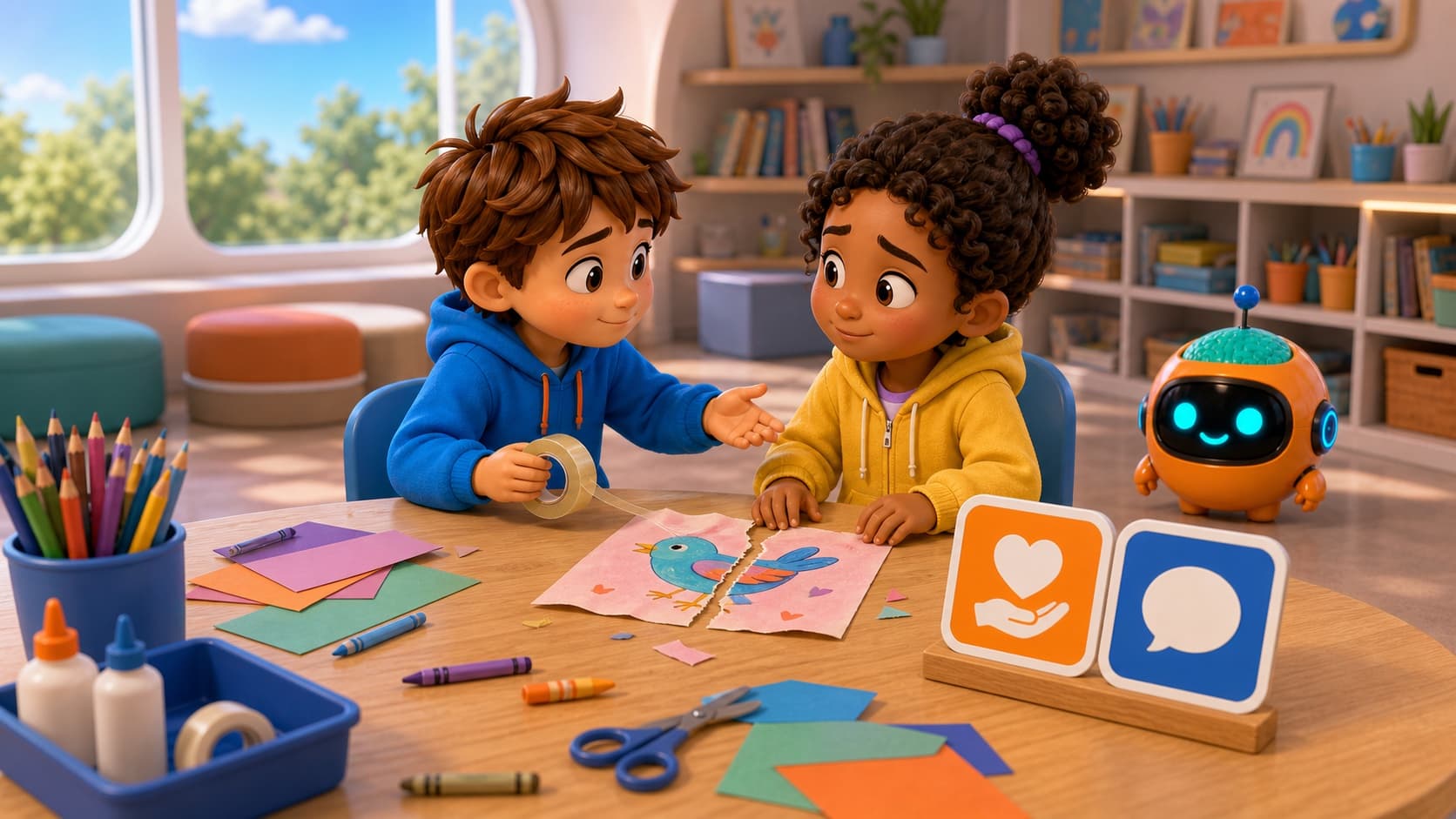 Sparky and children calmly repairing an art project together